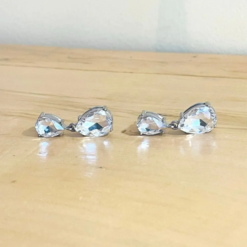 Clear Rhinestone Teardrop Pierced EARRINGS Dangle Drop Hollywood Glam Formal